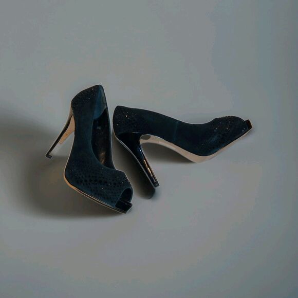 WHBM Black Sequined Stiletto Heels Pumps 4.5" Sz 6M Sexy Chic Peep-Toe Evening - Picture 5 of 13